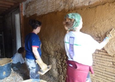 2015, St Aubin le Cloud (79), Laure et Pierre, Christelle, chantier rénovation corps d’enduit terre intérieur sur paille et sur pierres 9