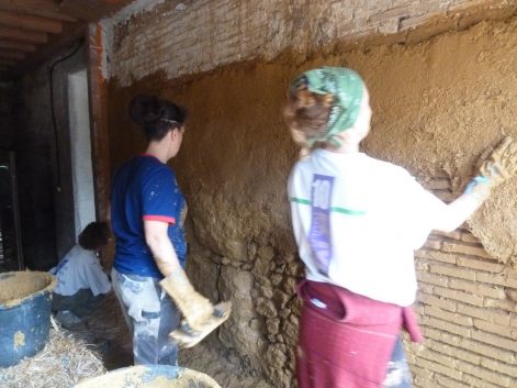 2015, St Aubin le Cloud (79), Laure et Pierre, Christelle, chantier rénovation corps d’enduit terre intérieur sur paille et sur pierres 9