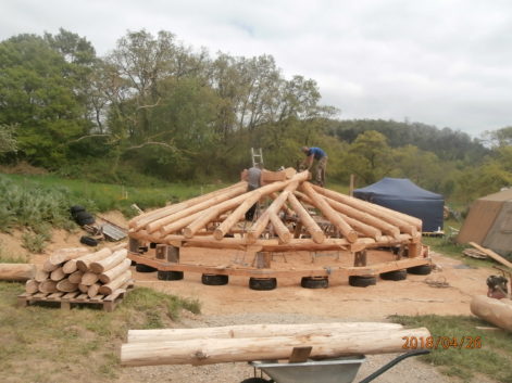 charpente réciproque en cèdre rond - maison dodécagonale - fondations pneus